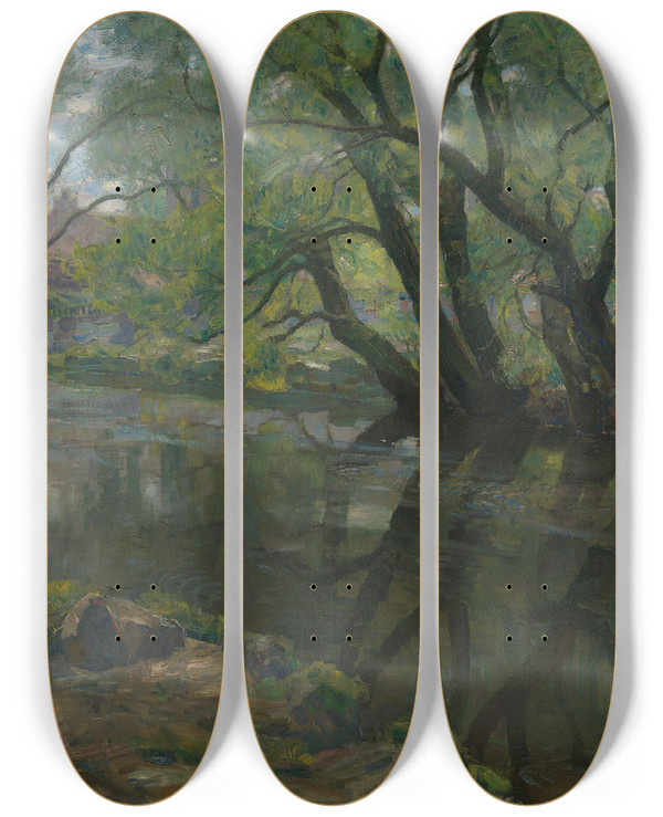 Triptych art skateboard deck of Thorolf Holmboe Weeping Willows by Thorolf Holmboe (1866-1935)
