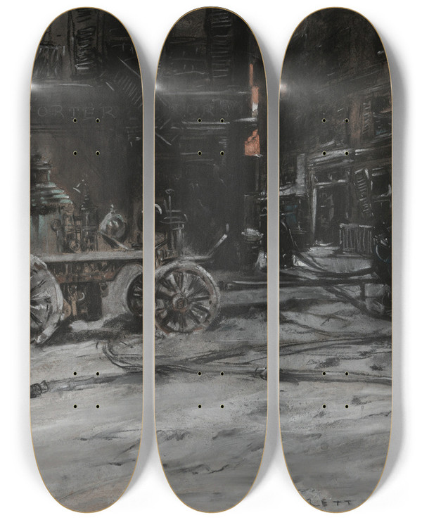 Triptych art skateboard deck of Everett Shinn Firescene by Everett Shinn (1876-1953)