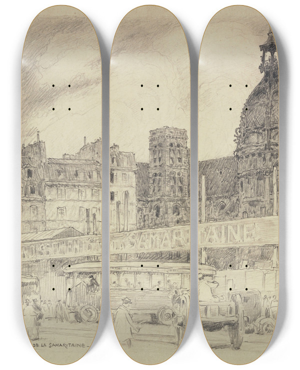 Triptych art skateboard deck of Ferdinand Boberg Agrandissement De La Samaritaine by Ferdinand Boberg (1860-1946)