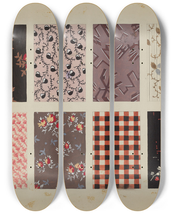 Triptych art skateboard deck of Dorothy Posten Figured Material From Quilt_3 by Dorothy Posten