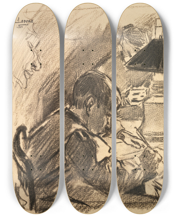 Triptych art skateboard deck of Auguste Louis Lepre Around The Lamp_1 by Auguste Louis Lepere (1849-1918)
