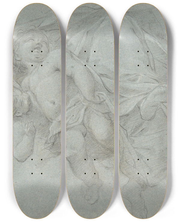 Triptych art skateboard deck of Jacopo Guarana Two Putti Supporting The Lower Part Of A Draped Figure by Jacopo Guarana (1720-1808)