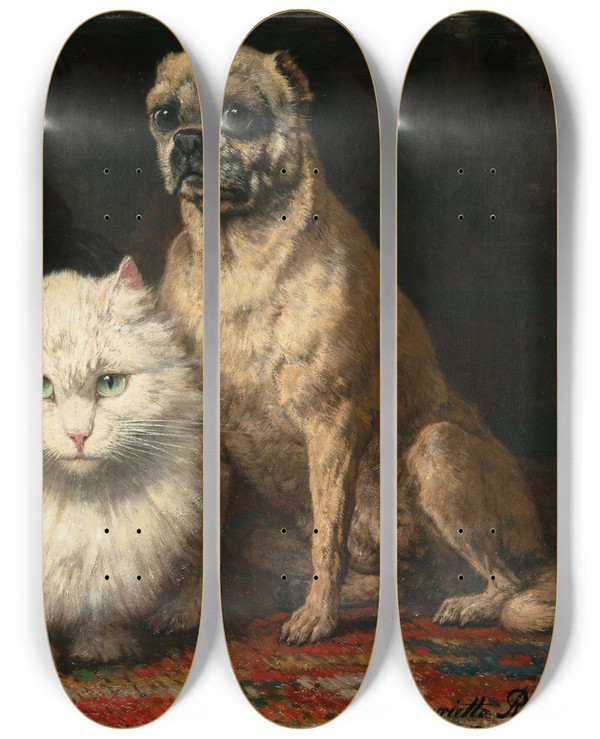 Triptych art skateboard deck of Henritte Ronnerknip Two Friends by Henritte Ronner-Knip (1821-1909)