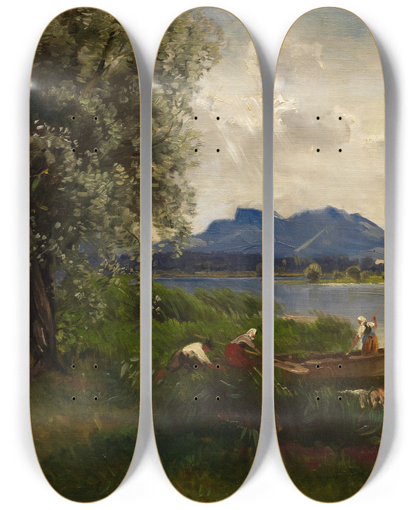 Triptych art skateboard deck of Joseph Wopfner Am Chiemseeufer by Joseph Wopfner (1843-1927)