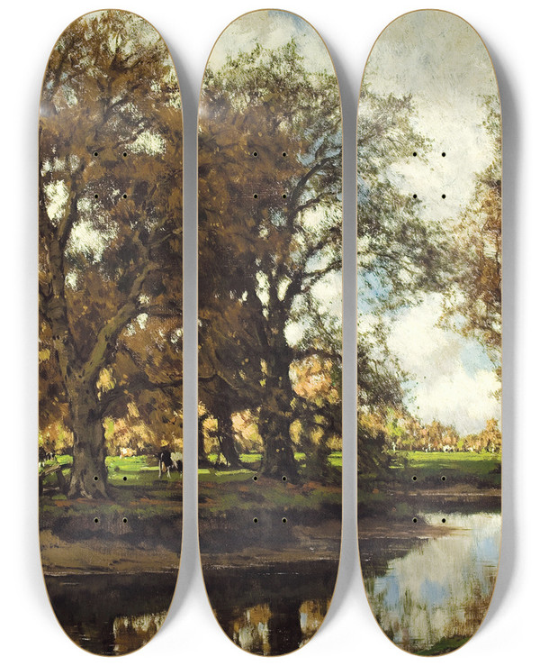 Triptych art skateboard deck of Arnold Marc Gorter Grazing At The Vordense Beek by Arnold Marc Gorter (1866-1933)