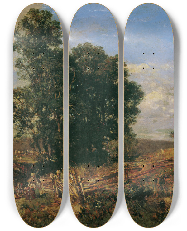 Triptych art skateboard deck of Eugen Jettel Baumgruppe Am Feldweg Landschaft by Eugen Jettel (1845-1901)