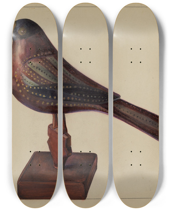Triptych art skateboard deck of Mina Lowry Pa German Robin Figurine by Mina Lowry (1894-1942)
