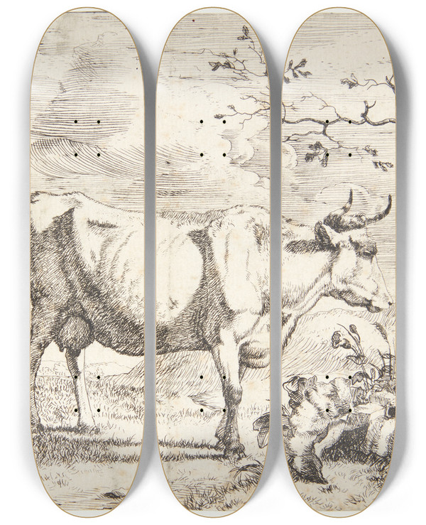 Triptych art skateboard deck of Marcus De Bye Stende Ko Vendt Mod Hjre_2 by Marcus de Bye (1638-1688)