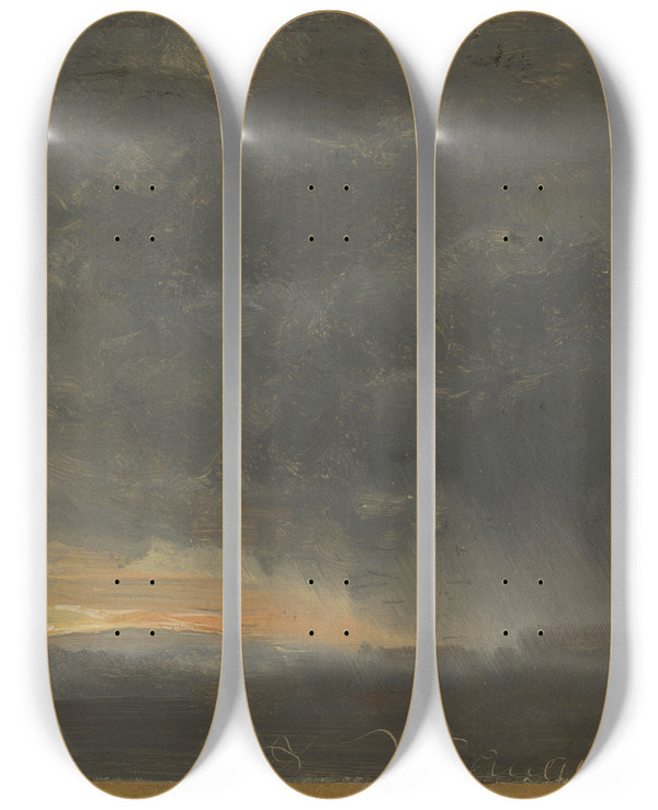 Triptych art skateboard deck of Johan Christian Dahl Storm Clouds With Rain by Johan Christian Dahl (1788-1857)