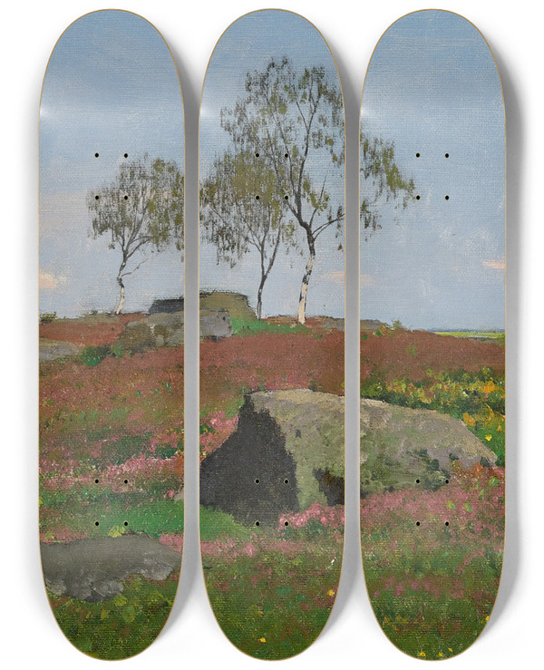 Triptych art skateboard deck of Ferdinand Brunner Silver Birches In A Landscape by Ferdinand Brunner (1870-1945)