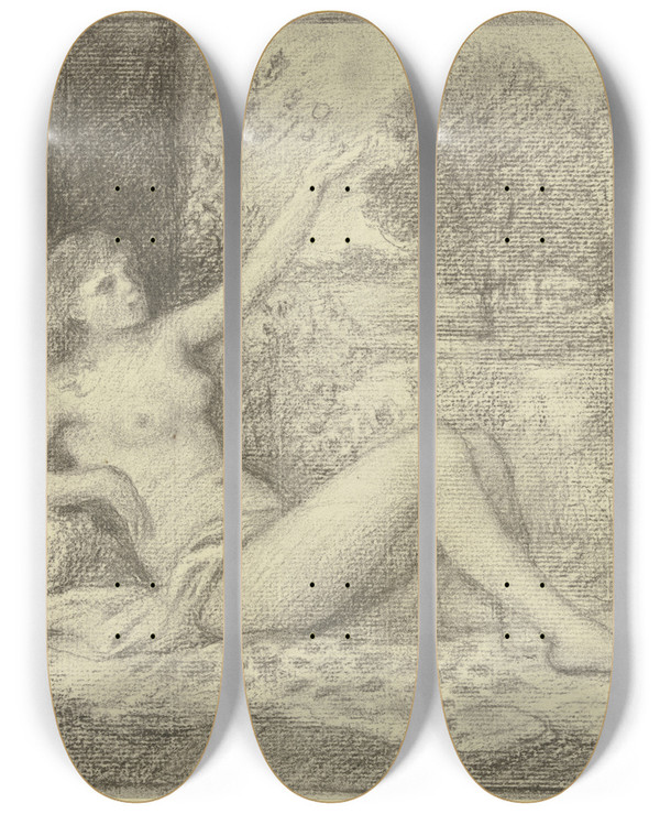 Triptych art skateboard deck of Otto Scholderer Danae by Otto Scholderer (1834-1902)