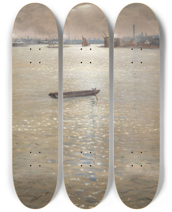 Triptych art skateboard deck of Christopher Richard Wynne Nevinson A Thames Landscape by Christopher Richard Wynne Nevinson