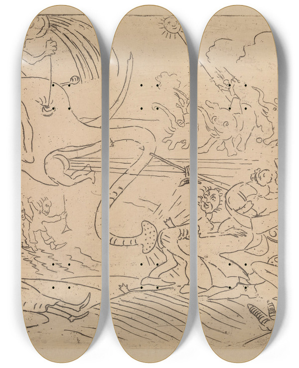 Triptych art skateboard deck of James Ensor The Elephants Joke by James Ensor (1860-1949)