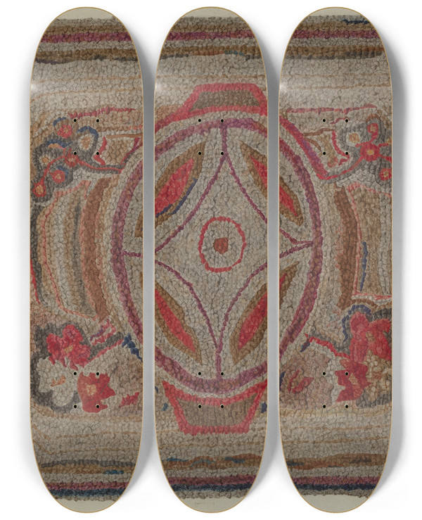 Triptych art skateboard deck of Charlotte Angus Hooked Rug Cotton by Charlotte Angus (1911-1989)