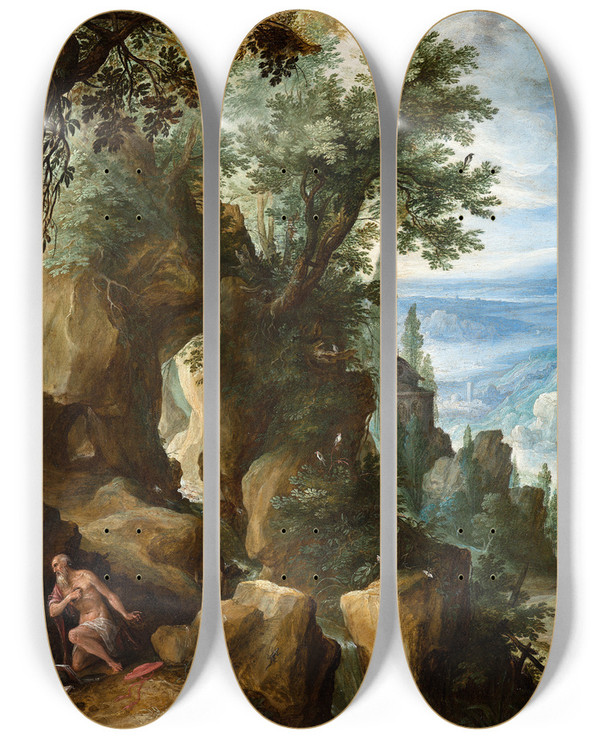 Triptych art skateboard deck of Paul Bril Mountainous Landscape With Saint Jerome by Paul Bril (1554-1626)