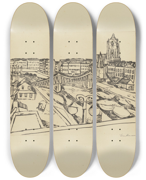 Triptych art skateboard deck of Max Beckmann City View With Eiserner Steg Iron Bridge by Max Beckmann (1884-1950)