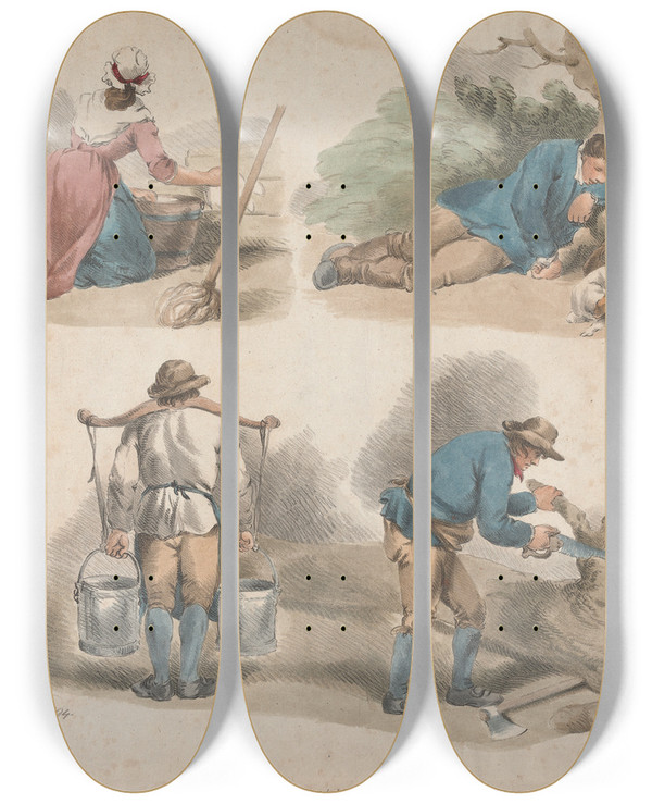 Triptych art skateboard deck of George Morland Studies Of Laborers by George Morland (1763-1804)