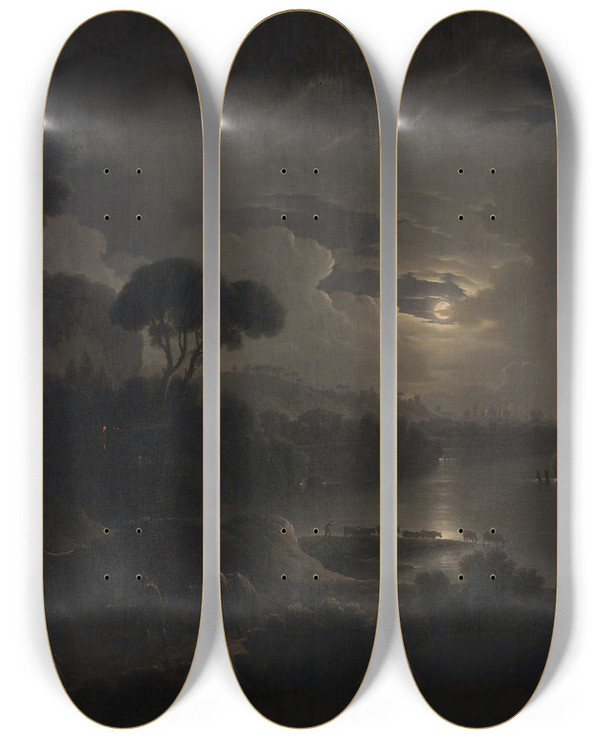 Triptych art skateboard deck of Michael Wutky Italienische Ideallandschaft Am Abend by Michael Wutky (1739-1822)