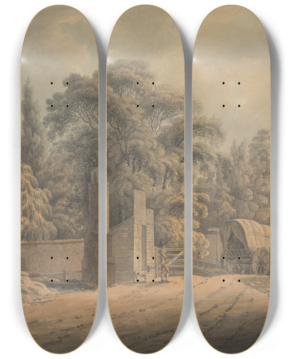 Triptych art skateboard deck of Thomas Hearne The Bayswater Turnpike by Thomas Hearne (1744-1817)