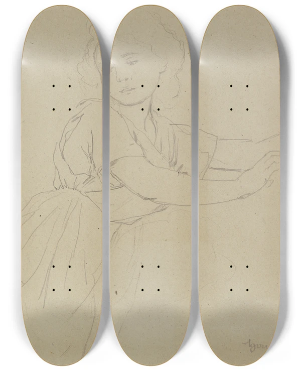 Triptych art skateboard deck of Hans Thoma Pan And Daphnis by Hans Thoma (1839-1924)
