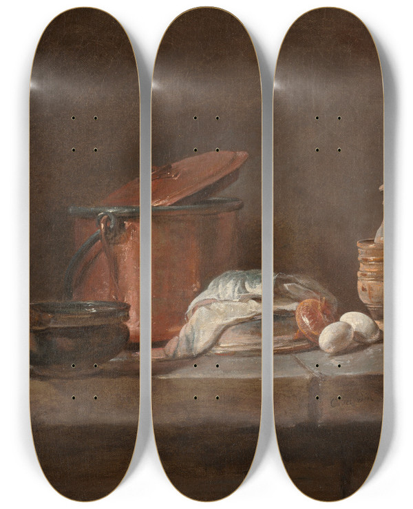 Triptych art skateboard deck of Jean Simon Chardin Kitchen Utensils With Leeks Fish And Eggs by Jean Simeon Chardin (1699-1779)