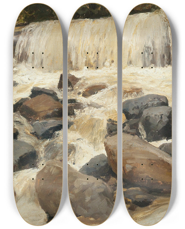 Triptych art skateboard deck of Alfred Zoff A River Dam by Alfred Zoff (1852-1927)