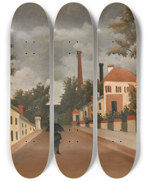 Triptych art skateboard deck of Henri Rousseau Vue Des Environs De Paris by Henri Rousseau (1844-1910)