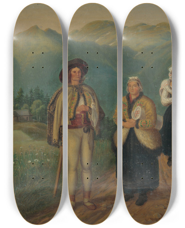 Triptych art skateboard deck of Peter Michal Boh On The Road Linen Makers by Peter Michal Bohun (1822-1879)