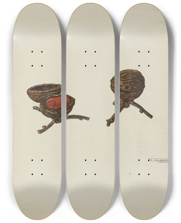 Triptych art skateboard deck of Nicholas Acampora Pair Of Pin Cushions by Nicholas Acampora