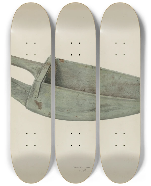 Triptych art skateboard deck of Eugene Bartz Wooden Scoop by Eugene Bartz