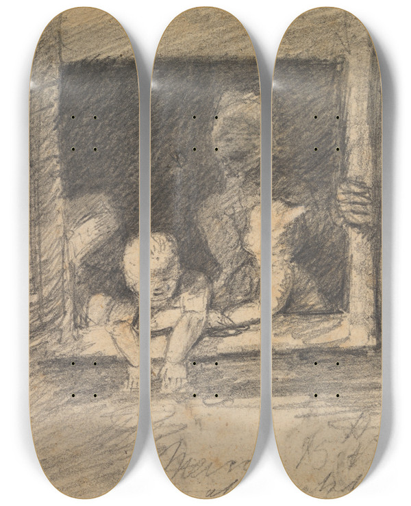 Triptych art skateboard deck of Benjamin Robert Haydon Children Leaning From A Window by Benjamin Robert Haydon (1786-1846)