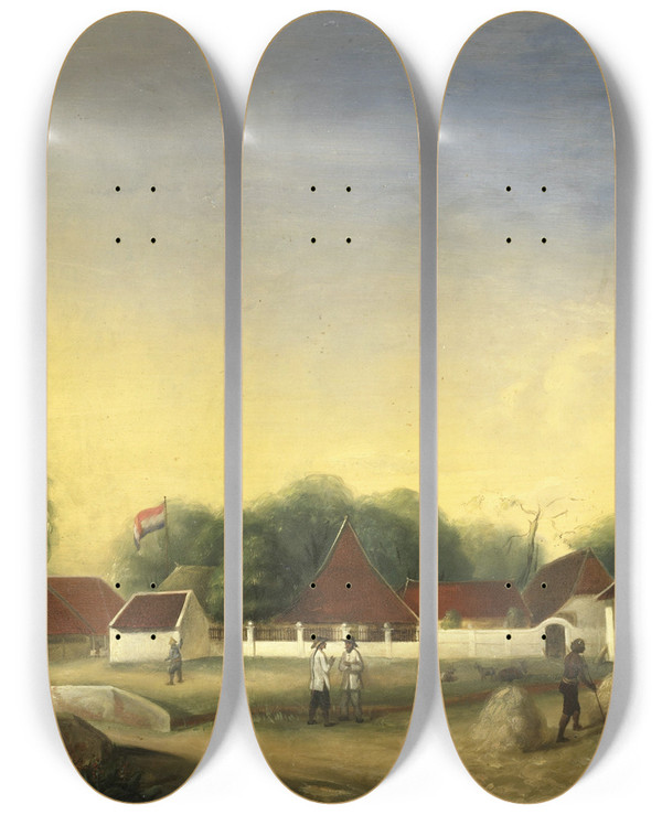 Triptych art skateboard deck of Hth Hesselaar A Sugar Factory On Java by H.Th. Hesselaar (1820-1858)
