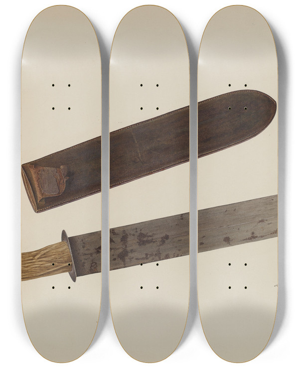 Triptych art skateboard deck of Albert Rudin Knife And Sheath by Albert Rudin
