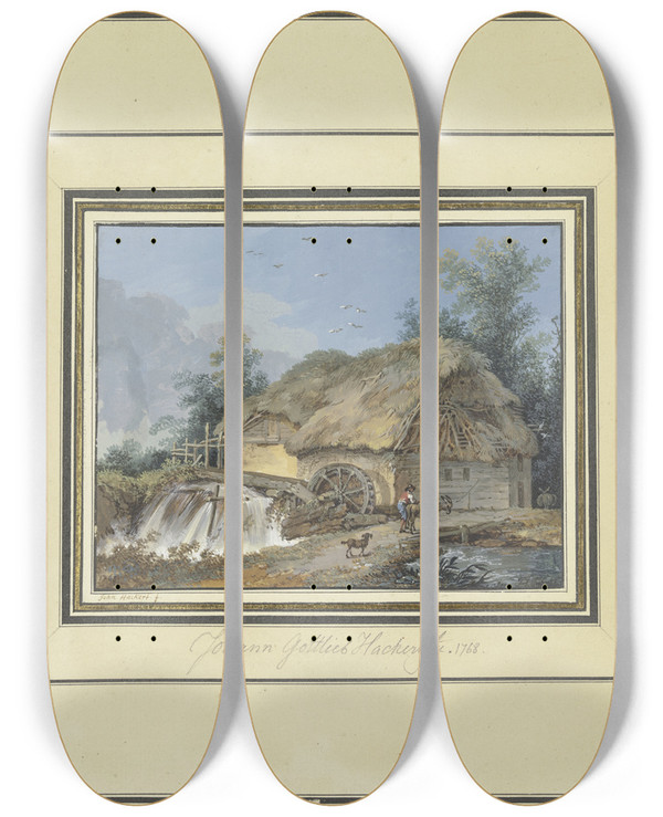 Triptych art skateboard deck of Johann Hackert Strohgedeckte Wassermhle Zu Der Ein Bauer Mit Esel Und Hund Kommt by Johann Hackert
