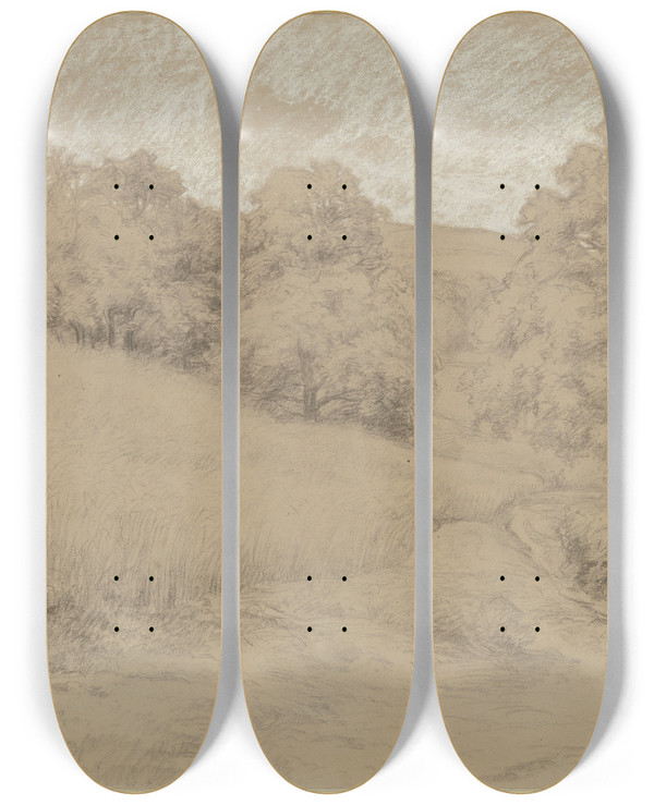 Triptych art skateboard deck of Peter Burnitz Cornfield At The Forest by Peter Burnitz (1824-1886)