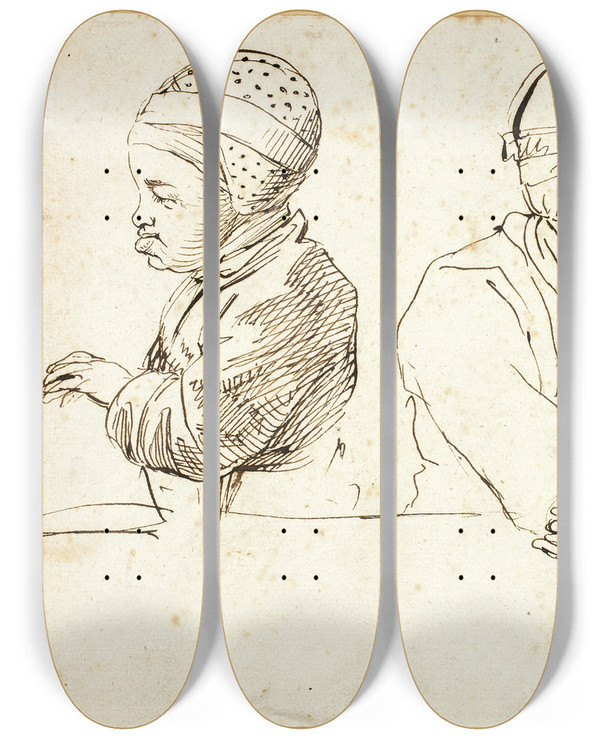 Triptych art skateboard deck of Daniel Nikolaus Chodowiecki Three Children by Daniel Nikolaus Chodowiecki (1726-1801)