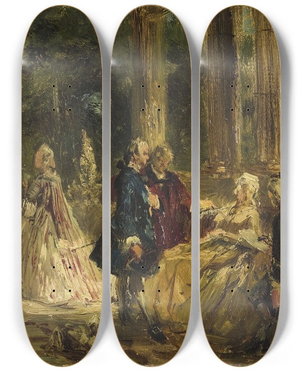 Triptych art skateboard deck of Ludwig Von Hagn Rococo Study by Ludwig Von Hagn (1819-1898)
