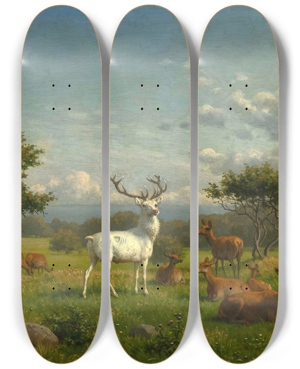 Triptych art skateboard deck of Carl Bgh A White Stag With Its Pack by Carl Bogh (1827-1892)