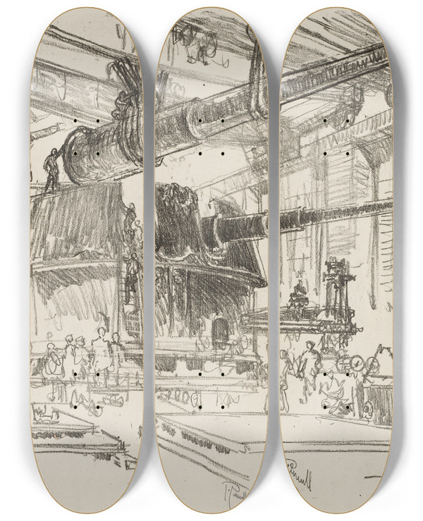 Triptych art skateboard deck of Joseph Pennell Fitting Guns In Turrets by Joseph Pennell (1857-1926)