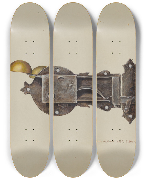 Triptych art skateboard deck of Samuel W Ford Lock by Samuel W Ford