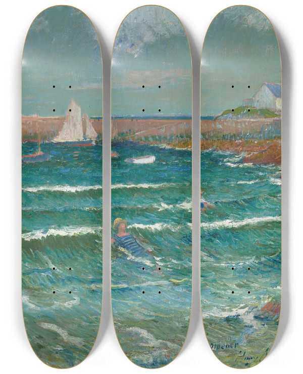 Triptych art skateboard deck of Henry Moret Baignade De Mer Lomener by Henry Moret (1856-1913)