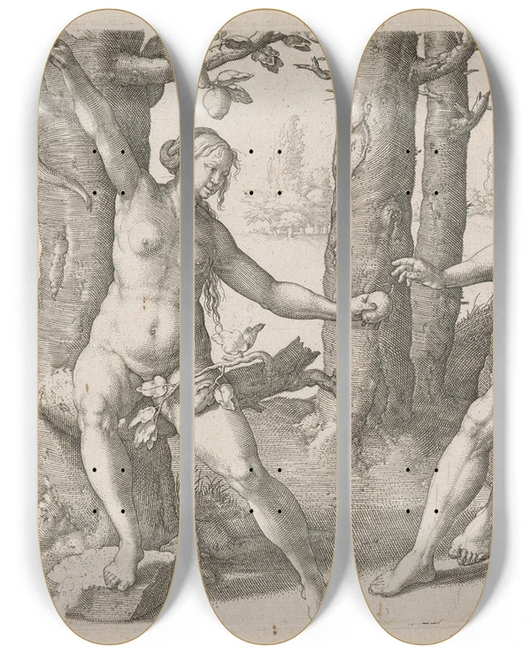 Triptych art skateboard deck of Lucas Van Leyden Leiden Der Sndenfall by Lucas Van Leyden (1494-1533)