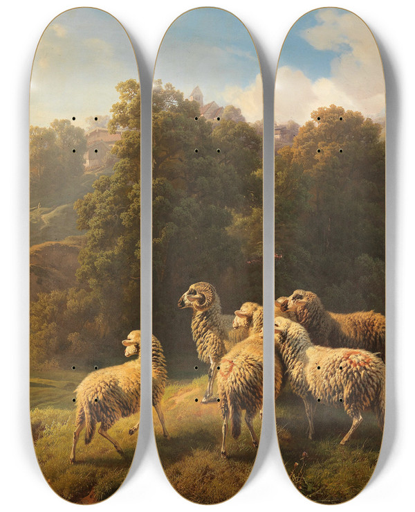Triptych art skateboard deck of Robert Eberle An Encounter On The Sheep Pasture by Robert Eberle (1815-1860)