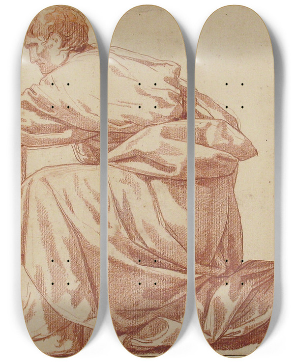 Triptych art skateboard deck of Jean Guillaume Moitte Kneeling Draped Male Figure by Jean Guillaume Moitte (1746-1810)