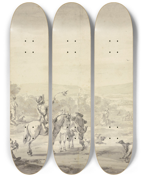 Triptych art skateboard deck of Hendrik Verschuring Heron Hawking by Hendrik Verschuring (1627-1690)