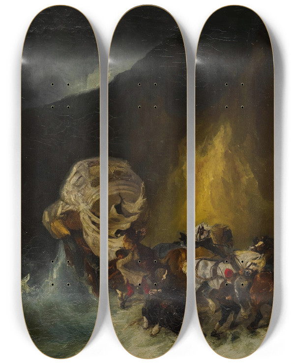 Triptych art skateboard deck of Eugne Isabey Caravan Caught In A Storm Along The Shore by Eugene Isabey (1803-1886)