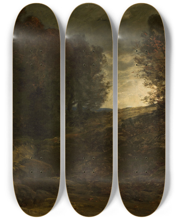 Triptych art skateboard deck of Ludwig Willroider Forest Landscape With A Creek by Ludwig Willroider (1845-1910)