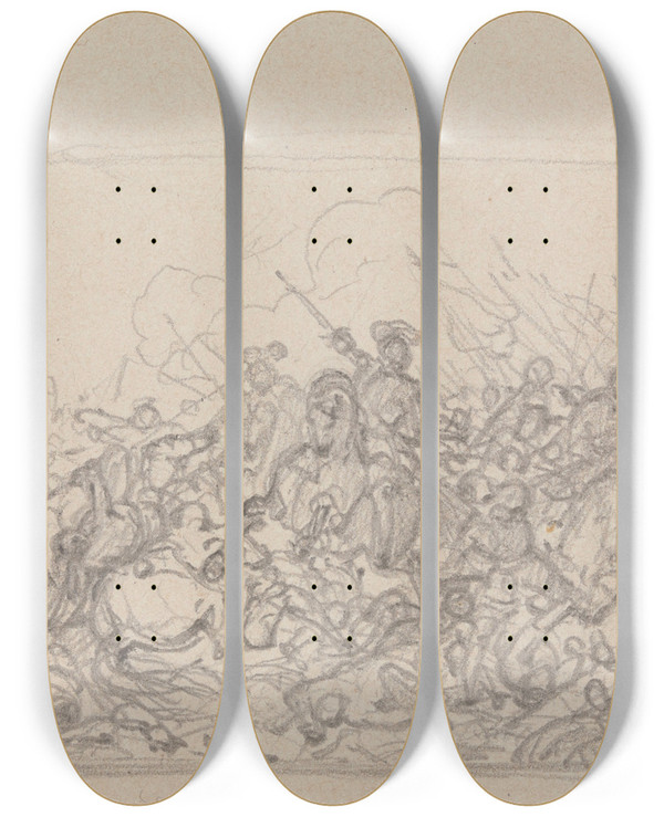Triptych art skateboard deck of Nicaise De Keyser Battle Scene With Attila by Nicaise De Keyser (1813-1887)