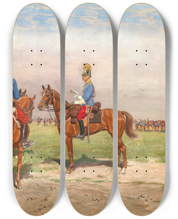 Triptych art skateboard deck of Alexander Pock Officer And Dragoon by Alexander Pock (1871-1950)