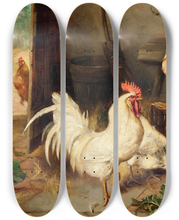 Triptych art skateboard deck of Edgar Hunt Chickens And Cockerel In A Barn by Edgar Hunt (1876-1953)